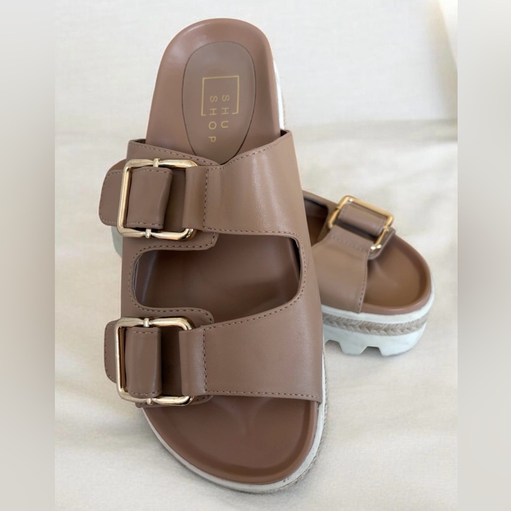 SHUSHOP Taupe Double-Buckle Slide Xyla Sandals Size 9